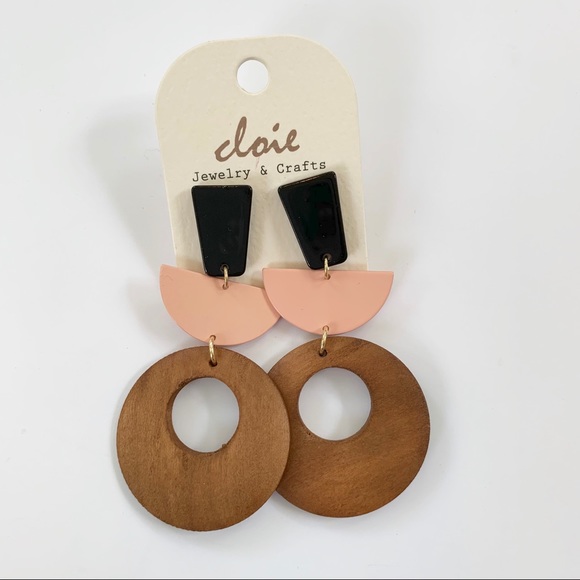 Wood Mixed Media Geometric Modern Earrings NWT - Picture 5 of 5